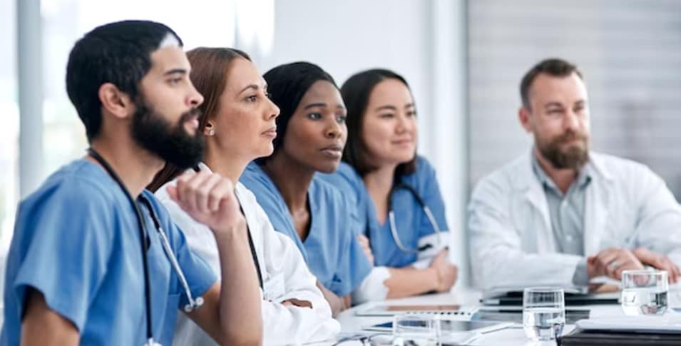 קבוצת רופאים יושבת ליד שולחן ישיבות מול ועד רפואי של חברת ביטוח.